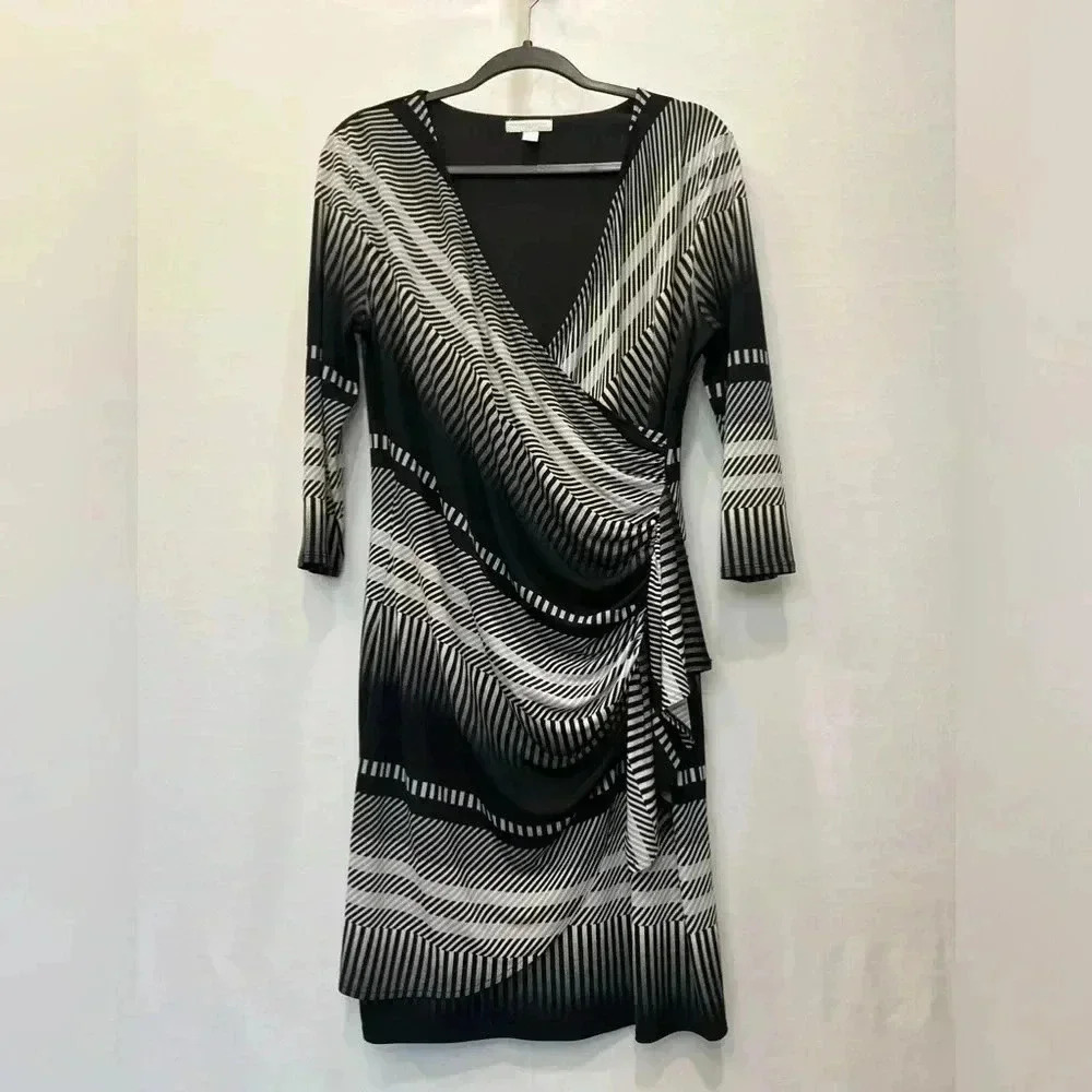 Black and White Faux Wrap Long Sleeve Dress - Size L​​